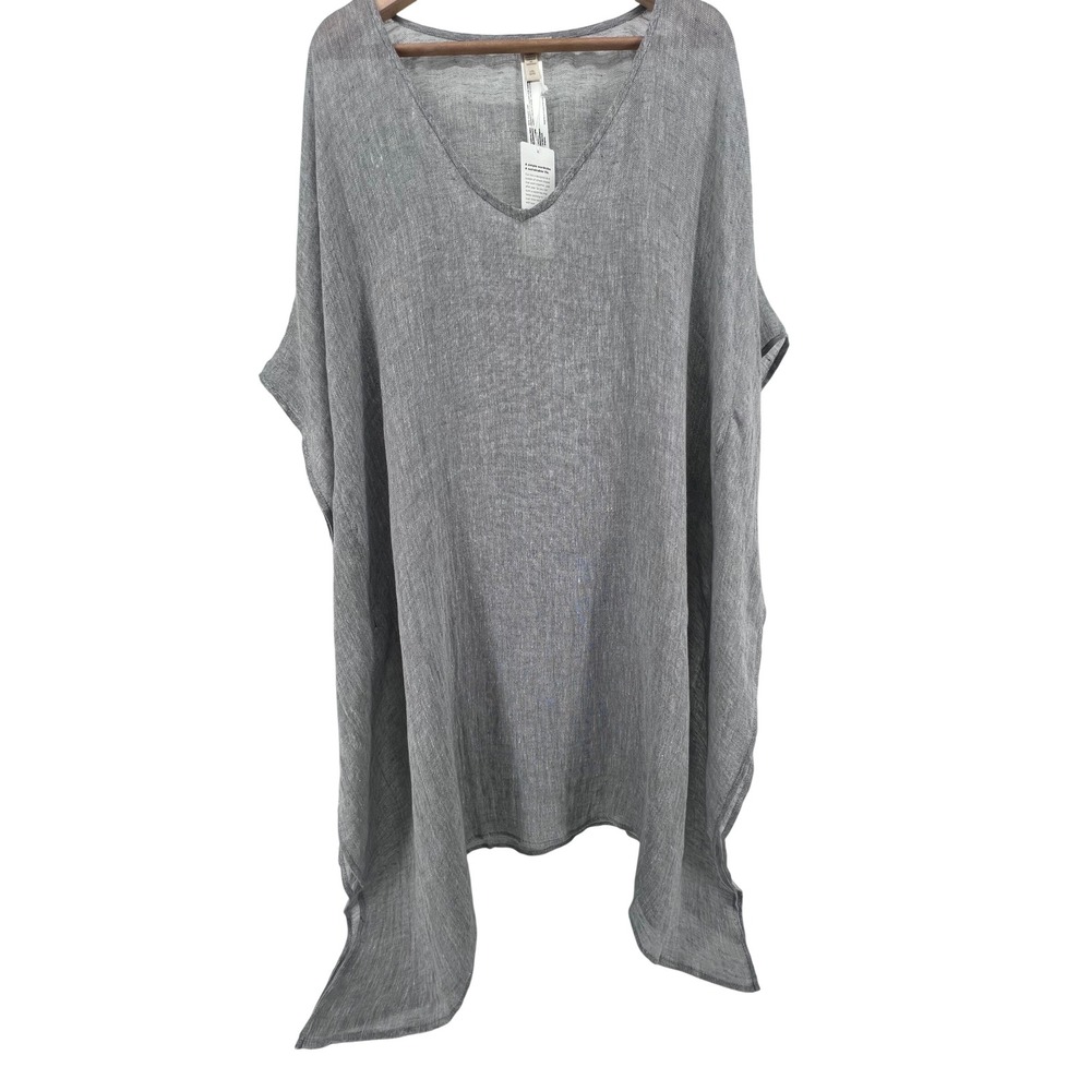Eileen Fisher Steel Grey Organic Linen Caftan V-Neck Poncho L/XL S2ONF-N1479M